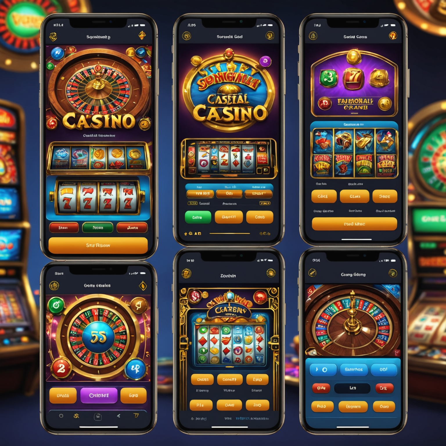 Five social casino game interfaces displayed on mobile devices, showing colorful slot machines and card games suitable for beginners