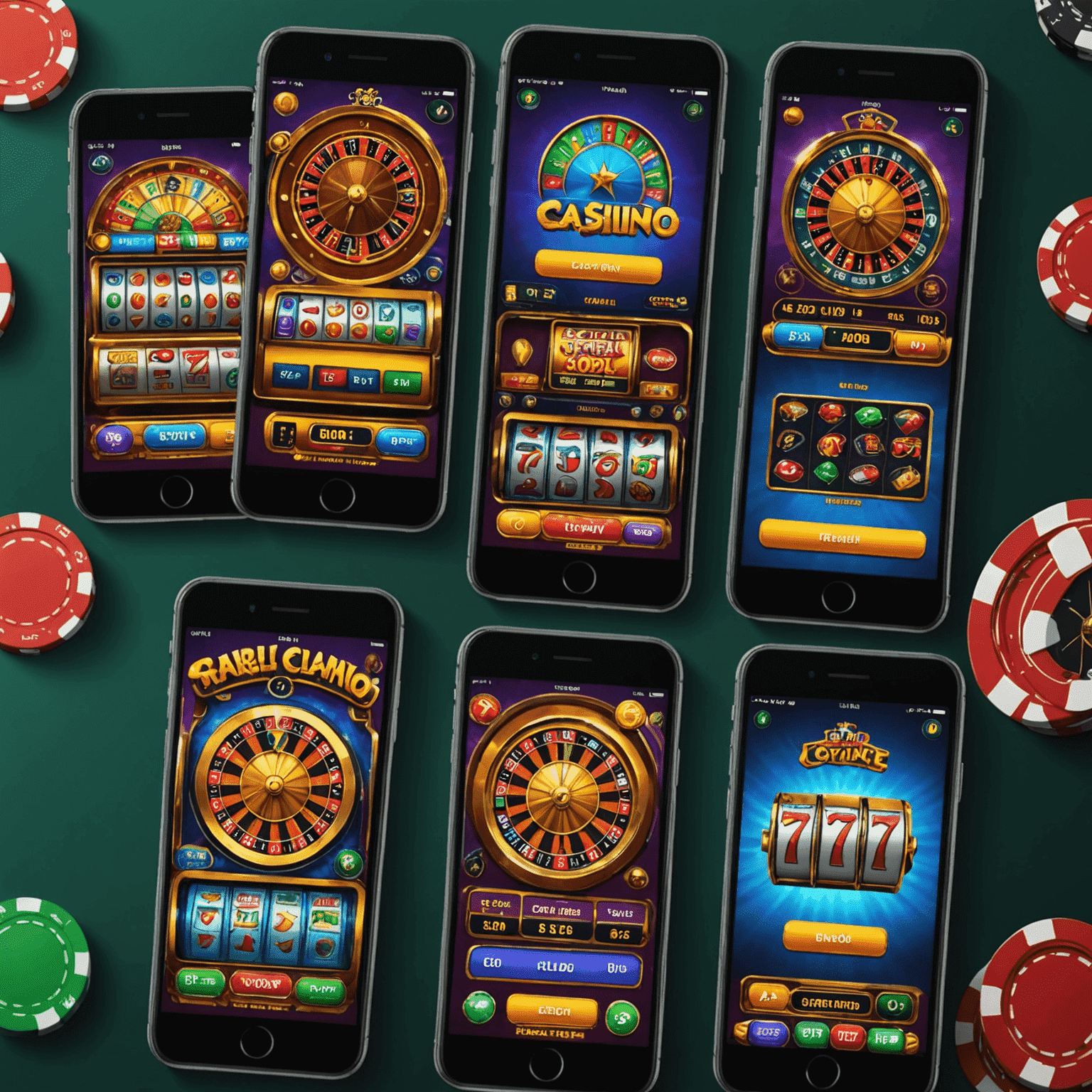 Five social casino game interfaces displayed on mobile devices, showcasing colorful slot machines and card games for beginners