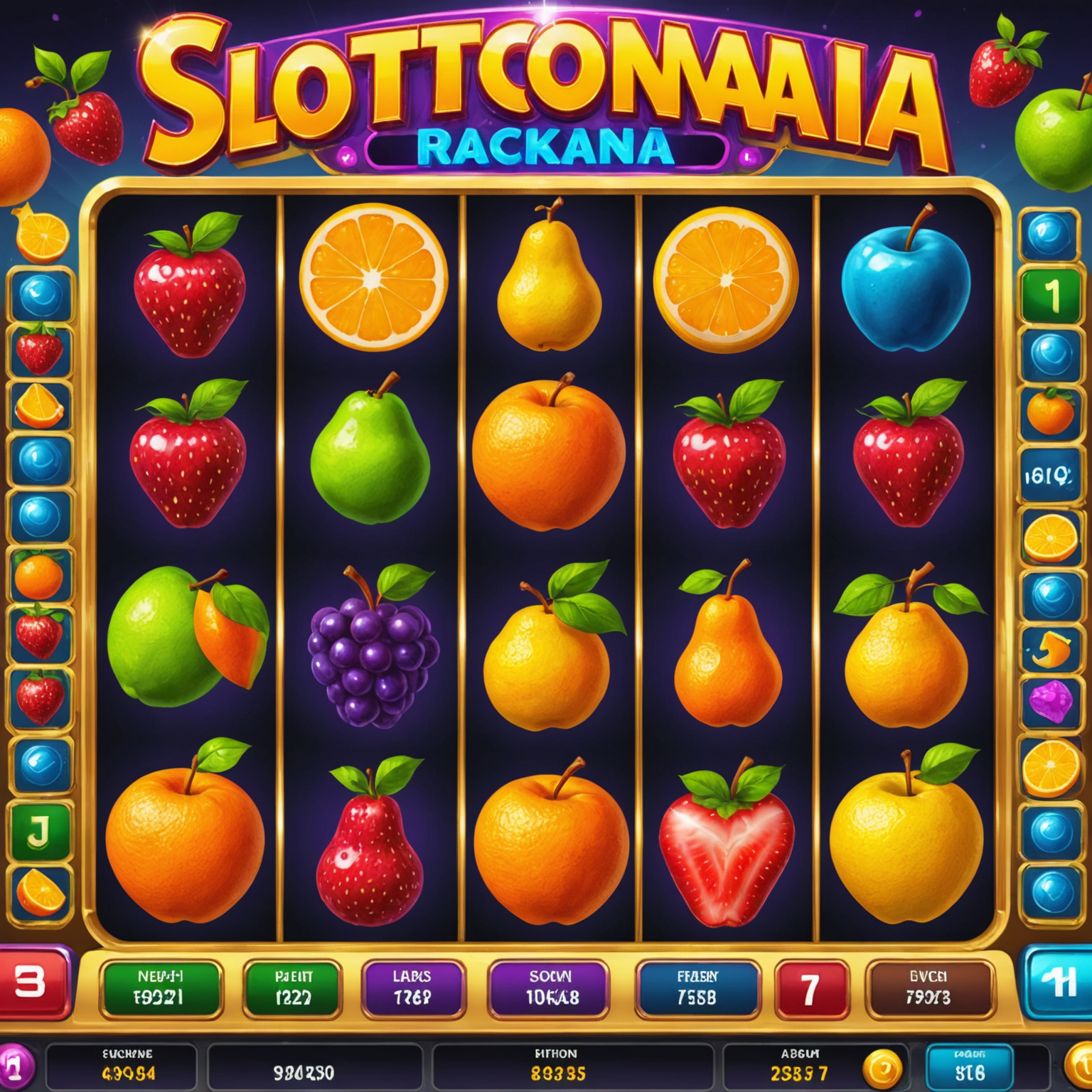 Screenshot of Slotomania game interface showing colorful slot machines with fruit symbols and a jackpot counter