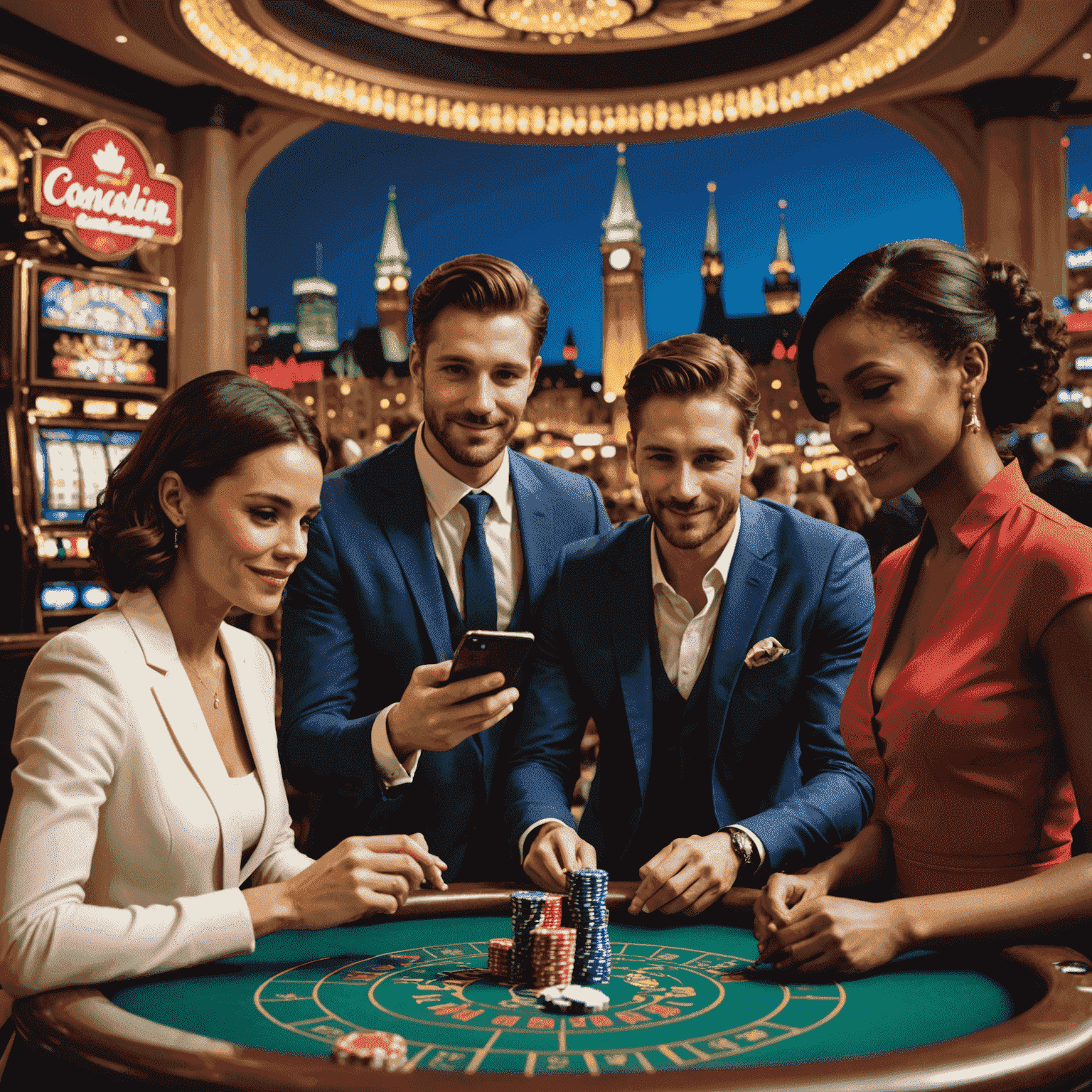 A group of diverse Canadian players enjoying social casino games on their smartphones and tablets, with iconic Canadian landmarks in the background