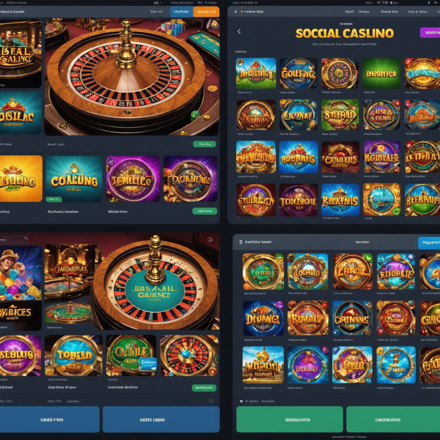 Split image showing a colorful, animated social casino game interface on one side and a more serious, realistic online casino interface on the other, highlighting the visual differences between social and real money gambling platforms