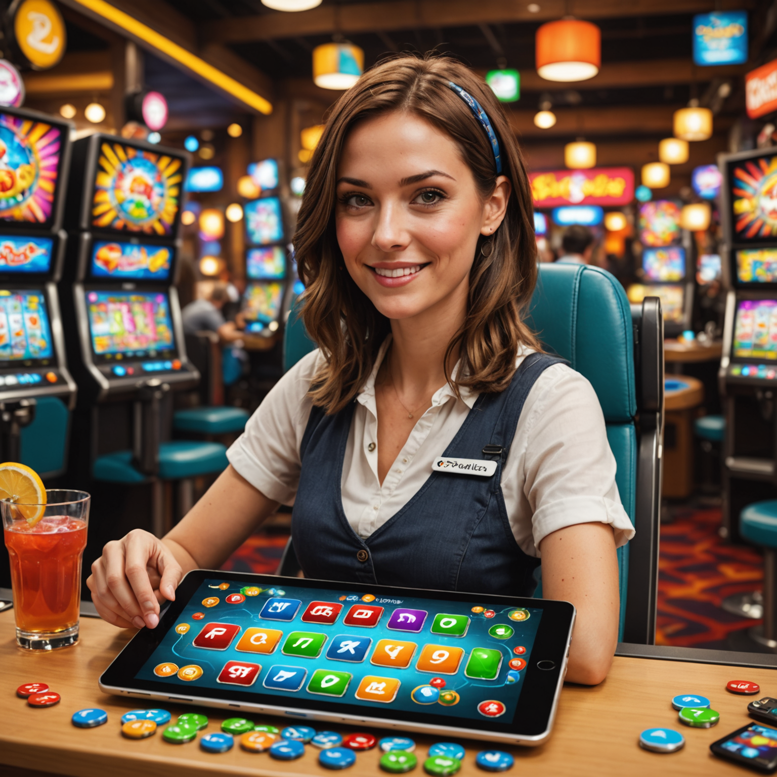 A person enjoying social slot games on a tablet, surrounded by vibrant graphics and bonus features