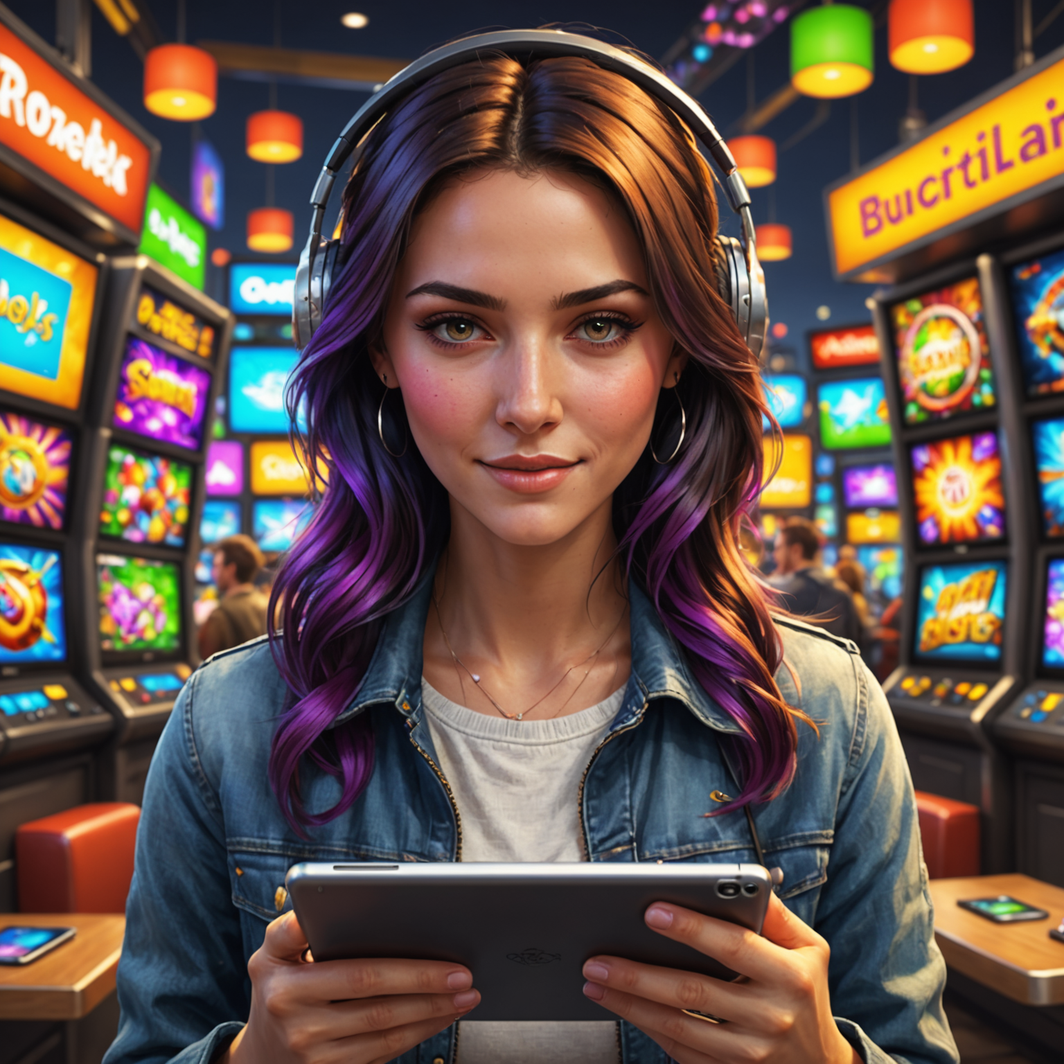 A person enjoying social slots on a tablet, surrounded by vibrant graphics and bonus features