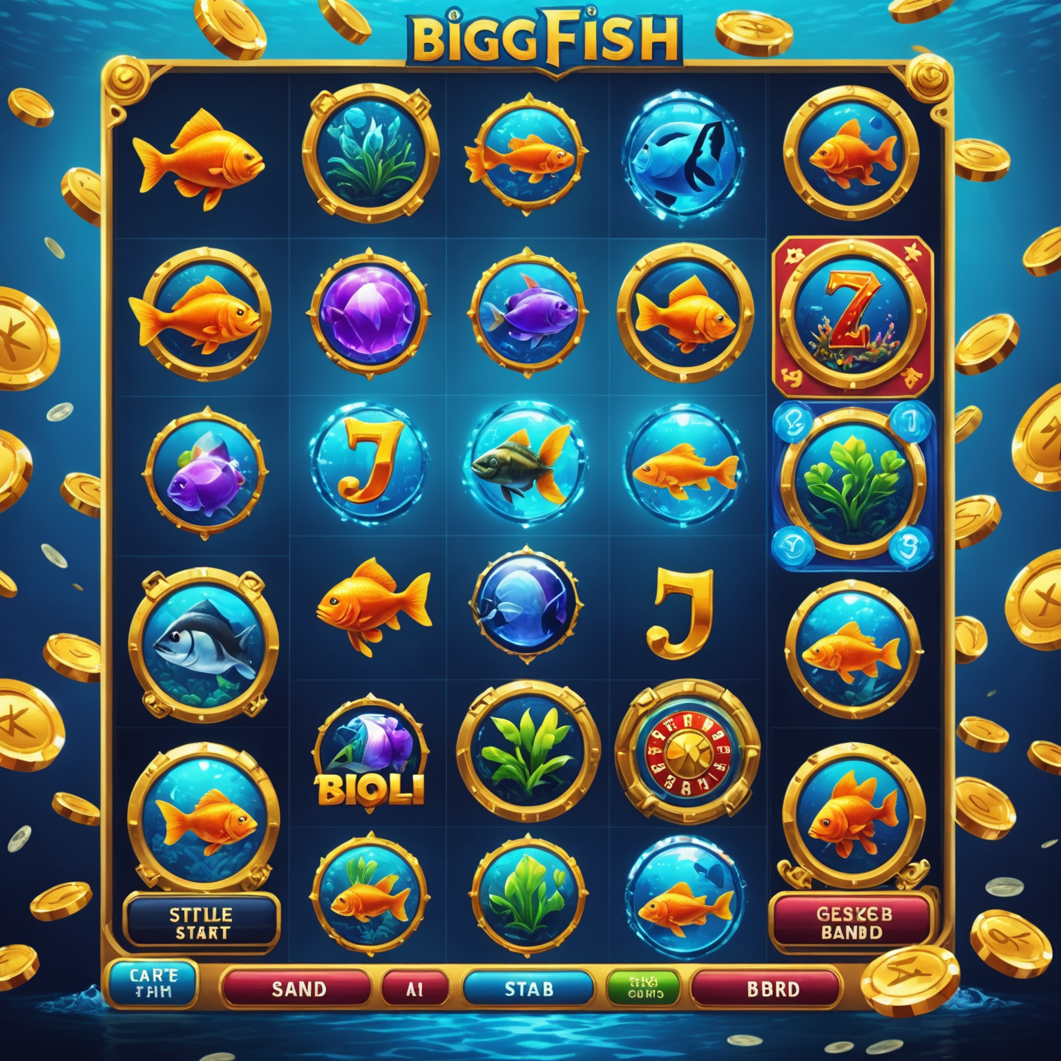 Big Fish Casino app interface showcasing various casino games like slots, poker, and blackjack with underwater theme