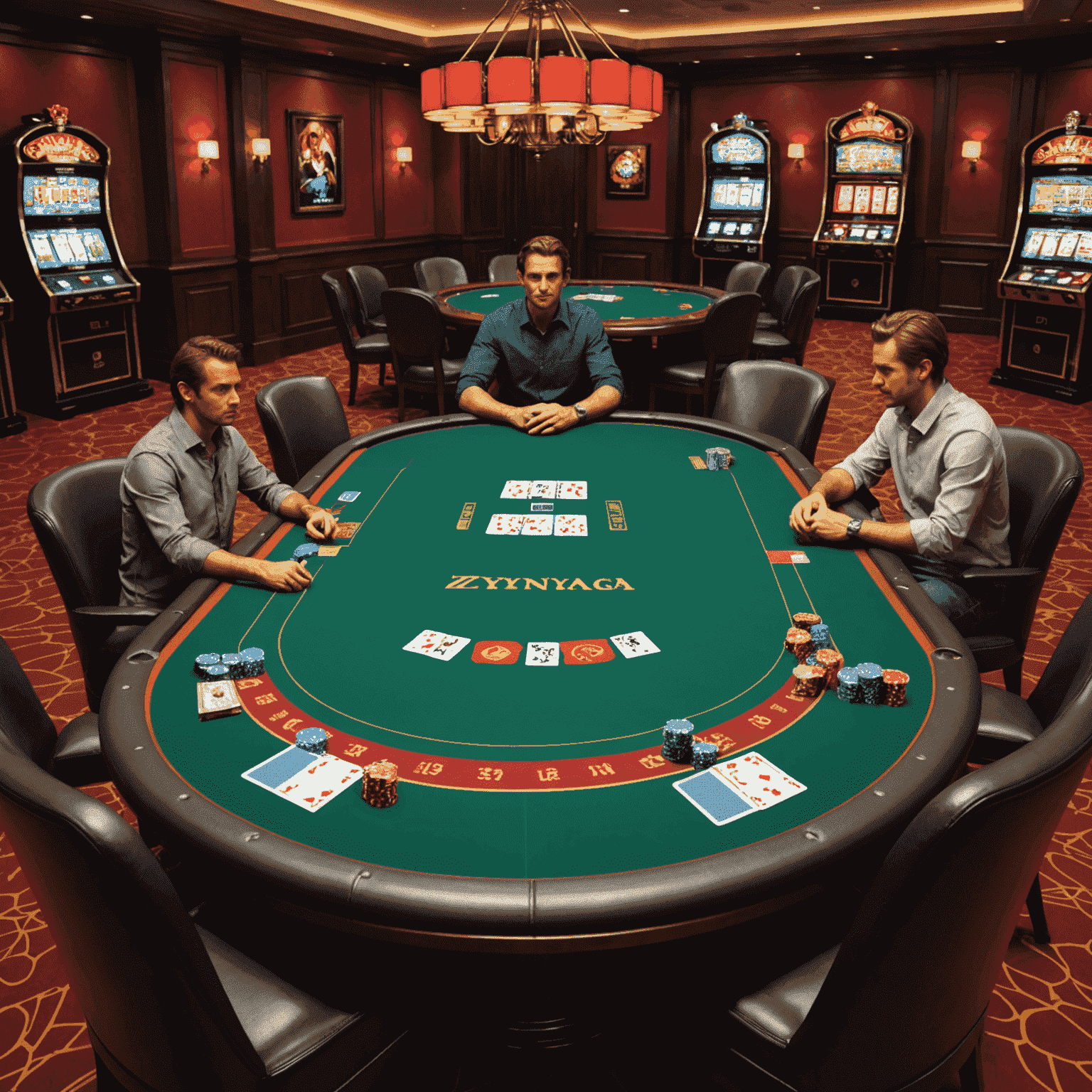 Zynga Poker game table with chips, cards, and player avatars in a stylish virtual casino setting