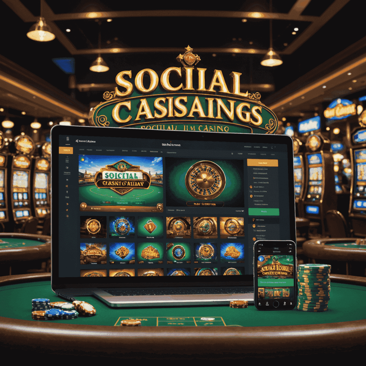 Split screen showing social casino interface on one side and real money gambling platform on the other, highlighting key differences