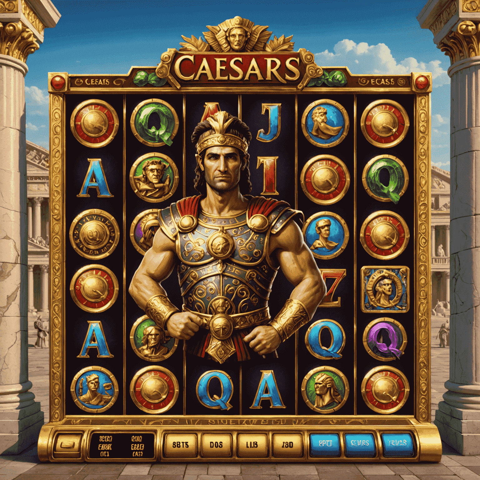 Caesars Slots game interface with Ancient Roman themed slot machines and bonus wheel