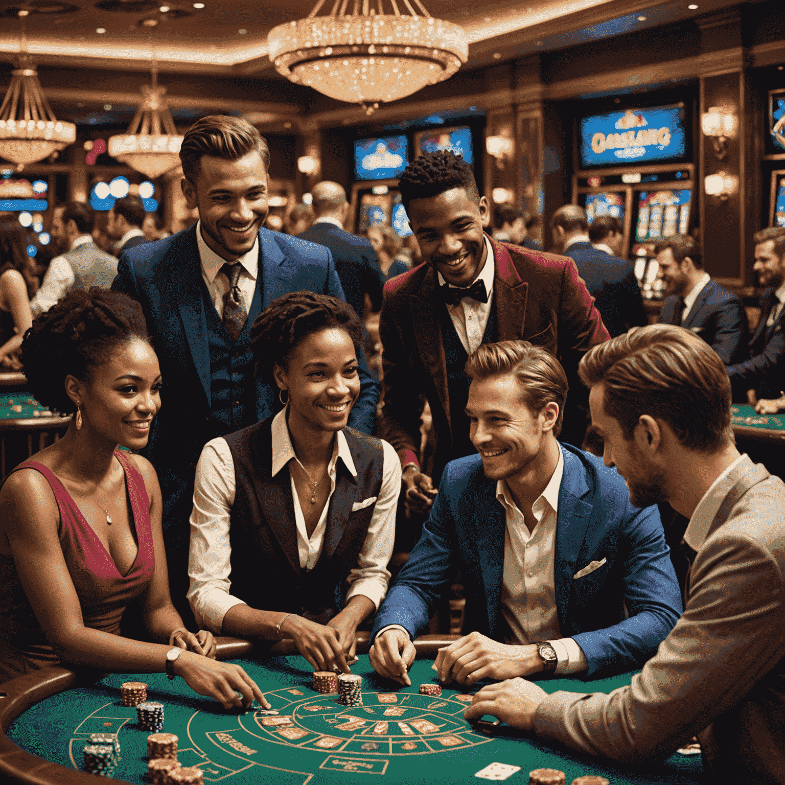 Illustration of diverse players connected through social features in a casino-style game, chatting and sharing achievements