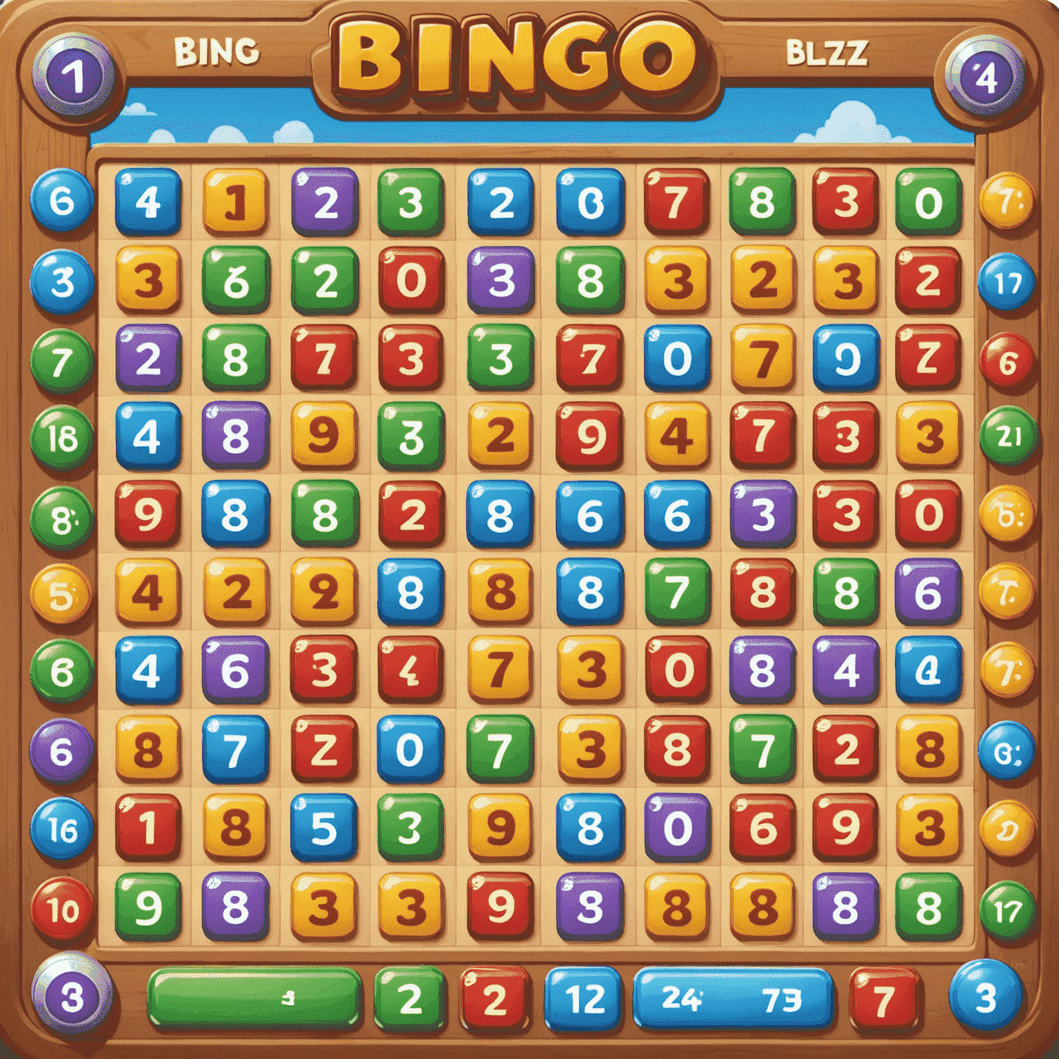 Bingo Blitz game board with colorful number tiles, power-ups, and chat interface